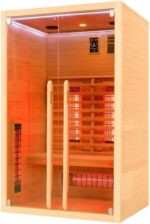 Infrarotkabine 2–3 Personen | Ganzglastür Klarglas | 120x100x195cm | Rubystrahler 1,5kW | Infrarot Sauna für Zuhause | Wärmekabine Holz natur | Fronteinstieg | Indoor Infrarotkabine