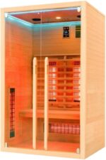 Infrarotkabine 2–3 Personen | Ganzglastür Klarglas | 120x100x195cm | Rubystrahler 1,5kW | Infrarot Sauna für Zuhause | Wärmekabine Holz natur | Fronteinstieg | Indoor Infrarotkabine