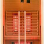 Infrarotkabine 2–3 Personen | Ganzglastür Klarglas | 120x100x195cm | Rubystrahler 1,5kW | Infrarot Sauna für Zuhause | Wärmekabine Holz natur | Fronteinstieg | Indoor Infrarotkabine