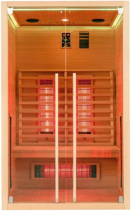 Infrarotkabine 2–3 Personen | Ganzglastür Klarglas | 120x100x195cm | Rubystrahler 1,5kW | Infrarot Sauna für Zuhause | Wärmekabine Holz natur | Fronteinstieg | Indoor Infrarotkabine