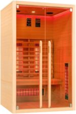 Infrarotkabine 2–3 Personen | Ganzglastür Klarglas | 120x100x195cm | Rubystrahler 1,5kW | Infrarot Sauna für Zuhause | Wärmekabine Holz natur | Fronteinstieg | Indoor Infrarotkabine