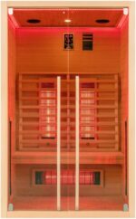 Infrarotkabine 2–3 Personen | Ganzglastür Klarglas | 120x100x195cm | Rubystrahler 1,5kW | Infrarot Sauna für Zuhause | Wärmekabine Holz natur | Fronteinstieg | Indoor Infrarotkabine