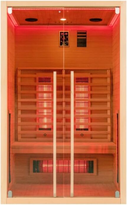 Infrarotkabine 2–3 Personen | Ganzglastür Klarglas | 120x100x195cm | Rubystrahler 1,5kW | Infrarot Sauna für Zuhause | Wärmekabine Holz natur | Fronteinstieg | Indoor Infrarotkabine