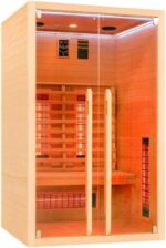 Infrarotkabine 2–3 Personen | Ganzglastür Klarglas | 120x100x195cm | Rubystrahler 1,5kW | Infrarot Sauna für Zuhause | Wärmekabine Holz natur | Fronteinstieg | Indoor Infrarotkabine