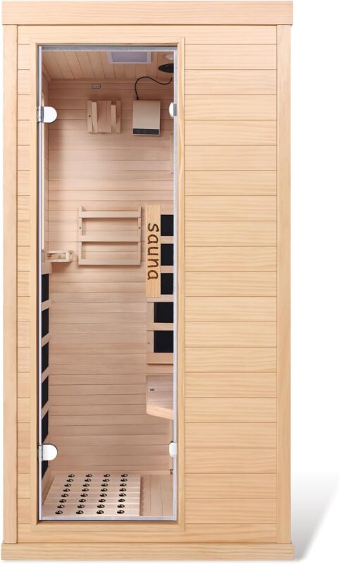 Ferninfrarot-Sauna 1 Person Tannenholz Heimsauna 5 Infrarot-Heizelemente Bluetooth 7-Farben Chromotherapie EMF-arm Seitentür mit Sicherheitsglas