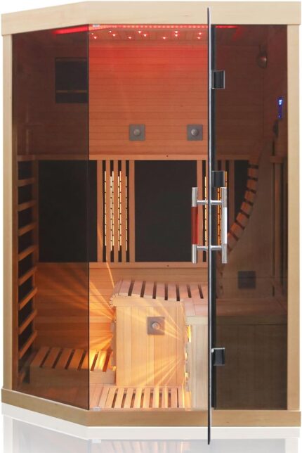 Dewello® Infrarotsauna Infrarotkabine Ottawa 140x120 1-2 Person Vollspektrumstrahler Bodenstrahler LED-Farblicht aus Hemlock Tannenholz, Bluetooth FM MP3 USB