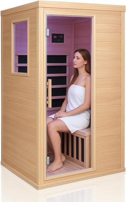 Ferninfrarot-Sauna 1 Person Tannenholz Heimsauna 5 Infrarot-Heizelemente Bluetooth 7-Farben Chromotherapie EMF-arm Seitentür mit Sicherheitsglas