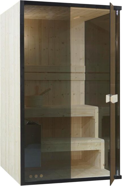 SANOTECHNIK Sauna FALUN M für 2 Personen, Innensauna aus Fichtenholz mit 3,6 kW Harvia Saunaofen, Saunasteine & Zubehör, getöntes Sicherheitsglas, 120 x 120 x 200 cm