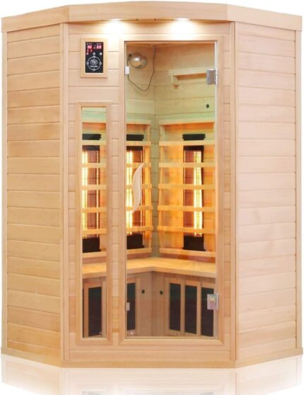 Dewello® Infrarotkabine Infrarotsauna LAKEFIELD 120cm x 120cm für 1-2 Personen aus Hemlock Holz mit Vollspektrumstrahler, LED-Farblicht, Bluetooth, FM,MP3,USB