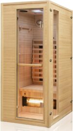 Dewello® Infrarotkabine Infrarotsauna Calgary 90cm x 90cm 1 Person inkl. Vollspektrumstrahler, Ionisator mit Aroma Therapie, LED-Farblichttherapie aus Hemlock Tannenholz