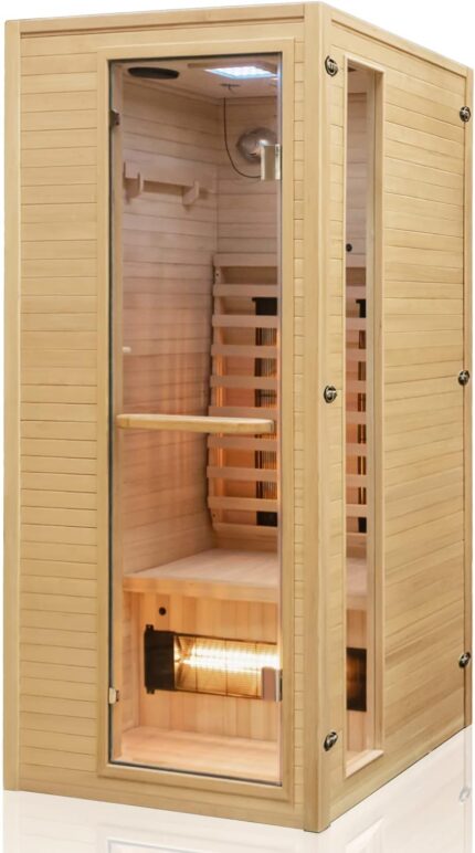 Dewello® Infrarotkabine Infrarotsauna Calgary 90cm x 90cm 1 Person inkl. Vollspektrumstrahler, Ionisator mit Aroma Therapie, LED-Farblichttherapie aus Hemlock Tannenholz