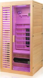 Dewello® Infrarotkabine Infrarotsauna Hamlin 90cm x 90cm für 1 Person aus Hemlock Tannenholz mit Keramikstrahler, Bodenstrahler, LED-Farblicht, Bluetooth, FM,MP3,USB