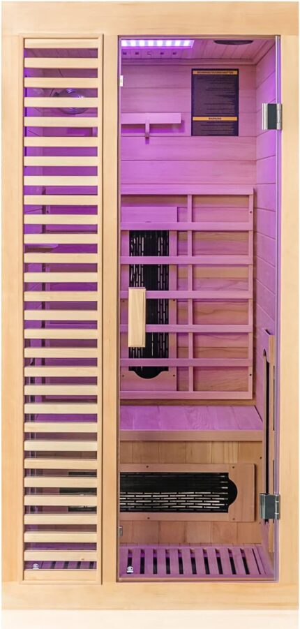 Dewello® Infrarotkabine Infrarotsauna Hamlin 90cm x 90cm für 1 Person aus Hemlock Tannenholz mit Keramikstrahler, Bodenstrahler, LED-Farblicht, Bluetooth, FM,MP3,USB