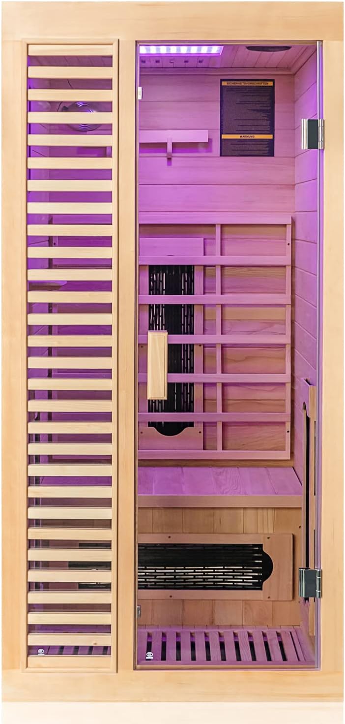 61M9r8zZ6mL._AC_SL1500 Dewello® Infrarotkabine Infrarotsauna Hamlin 90cm x 90cm für 1 Person aus Hemlock Tannenholz mit Keramikstrahler, Bodenstrahler, LED-Farblicht, Bluetooth, FM,MP3,USB