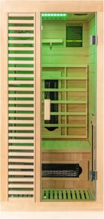 Dewello® Infrarotkabine Infrarotsauna Hamlin 90cm x 90cm für 1 Person aus Hemlock Tannenholz mit Keramikstrahler, Bodenstrahler, LED-Farblicht, Bluetooth, FM,MP3,USB