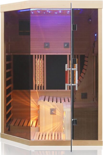 Dewello® Infrarotsauna Infrarotkabine Ottawa 140x120 1-2 Person Vollspektrumstrahler Bodenstrahler LED-Farblicht aus Hemlock Tannenholz, Bluetooth FM MP3 USB
