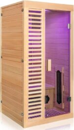 Dewello® Infrarotkabine Infrarotsauna Hamlin 90cm x 90cm für 1 Person aus Hemlock Tannenholz mit Keramikstrahler, Bodenstrahler, LED-Farblicht, Bluetooth, FM,MP3,USB