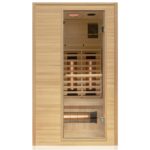 Dewello® Infrarotkabine Infrarotsauna Calgary 90cm x 90cm 1 Person inkl. Vollspektrumstrahler, Ionisator mit Aroma Therapie, LED-Farblichttherapie aus Hemlock Tannenholz