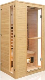 Dewello® Infrarotkabine Infrarotsauna Calgary 90cm x 90cm 1 Person inkl. Vollspektrumstrahler, Ionisator mit Aroma Therapie, LED-Farblichttherapie aus Hemlock Tannenholz