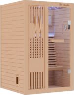 Dewello® Finnische Sauna Minto 120x120 Kabine aus Hemlock Tannenholz mit 3,5KW HARVIA Ofen 1-2 Personen inkl. Sauna Zubehör