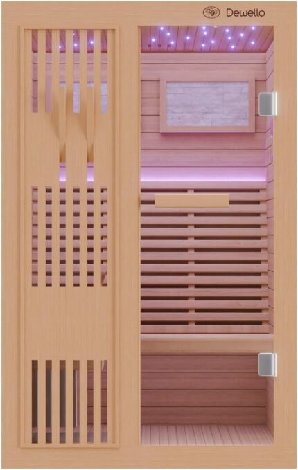 Dewello® Finnische Sauna Minto 120x120 Kabine aus Hemlock Tannenholz mit 3,5KW HARVIA Ofen 1-2 Personen inkl. Sauna Zubehör