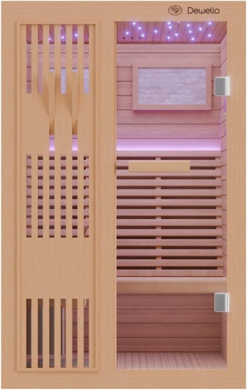 Dewello® Finnische Sauna Minto 120x120 Kabine aus Hemlock Tannenholz mit 3,5KW HARVIA Ofen 1-2 Personen inkl. Sauna Zubehör