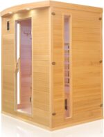 Dewello® Infrarotkabine Infrarotsauna Pierson 160x105 für 2-3 Personen aus Hemlock Holz mit Vollspektrumstrahler, Bodenstrahler, LED-Farblicht, Bluetooth, FM,MP3,USB