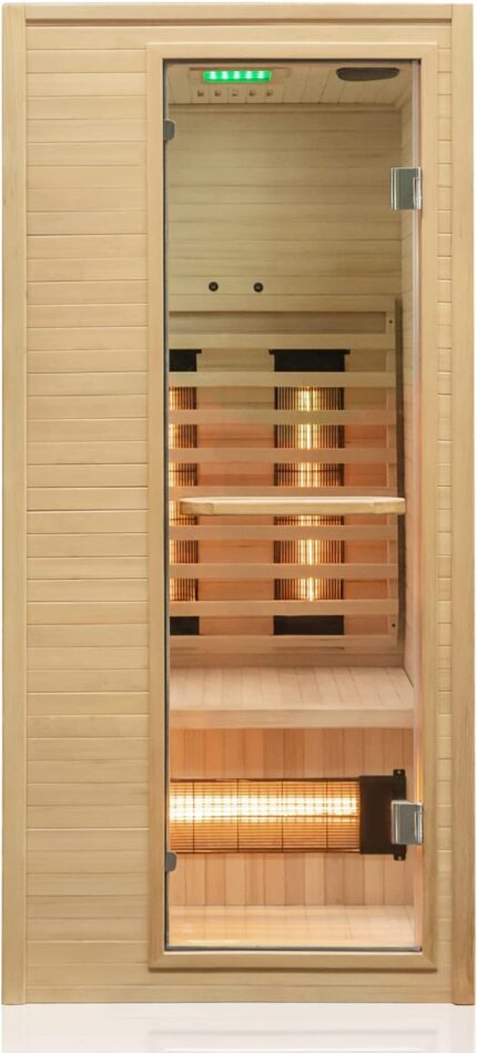 Dewello® Infrarotkabine Infrarotsauna Calgary 90cm x 90cm 1 Person inkl. Vollspektrumstrahler, Ionisator mit Aroma Therapie, LED-Farblichttherapie aus Hemlock Tannenholz