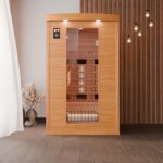 Dewello® Infrarotkabine Infrarotsauna Hyder 115x105 für 1-2 Personen aus Hemlock Holz mit Vollspektrumstrahler, LED-Farblicht, Bluetooth, FM,MP3,USB