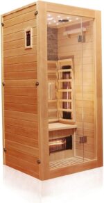 Dewello® Infrarotkabine Infrarotsauna MILTON 90x90 für 1 Personen aus Hemlock Holz mit Vollspektrumstrahler, LED-Farblicht Sternenhimmel und Steinwand, Bluetooth, FM,MP3,USB