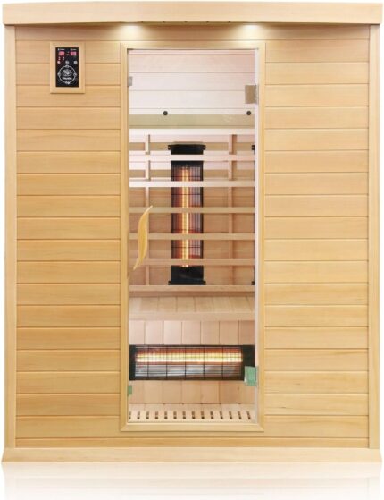 Dewello® Infrarotkabine Infrarotsauna Pierson 160x105 für 2-3 Personen aus Hemlock Holz mit Vollspektrumstrahler, Bodenstrahler, LED-Farblicht, Bluetooth, FM,MP3,USB