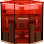 Dewello® Infrarotkabine Infrarotsauna KENORA 140x140 für 2-3 Personen aus Hemlockholz, Vollspektrumstrahler, Bodenstrahler, LED-Farblicht, Bluetooth, mit Salzsteinoptik