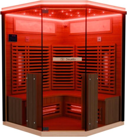 Dewello® Infrarotkabine Infrarotsauna KENORA 140x140 für 2-3 Personen aus Hemlockholz, Vollspektrumstrahler, Bodenstrahler, LED-Farblicht, Bluetooth, mit Salzsteinoptik