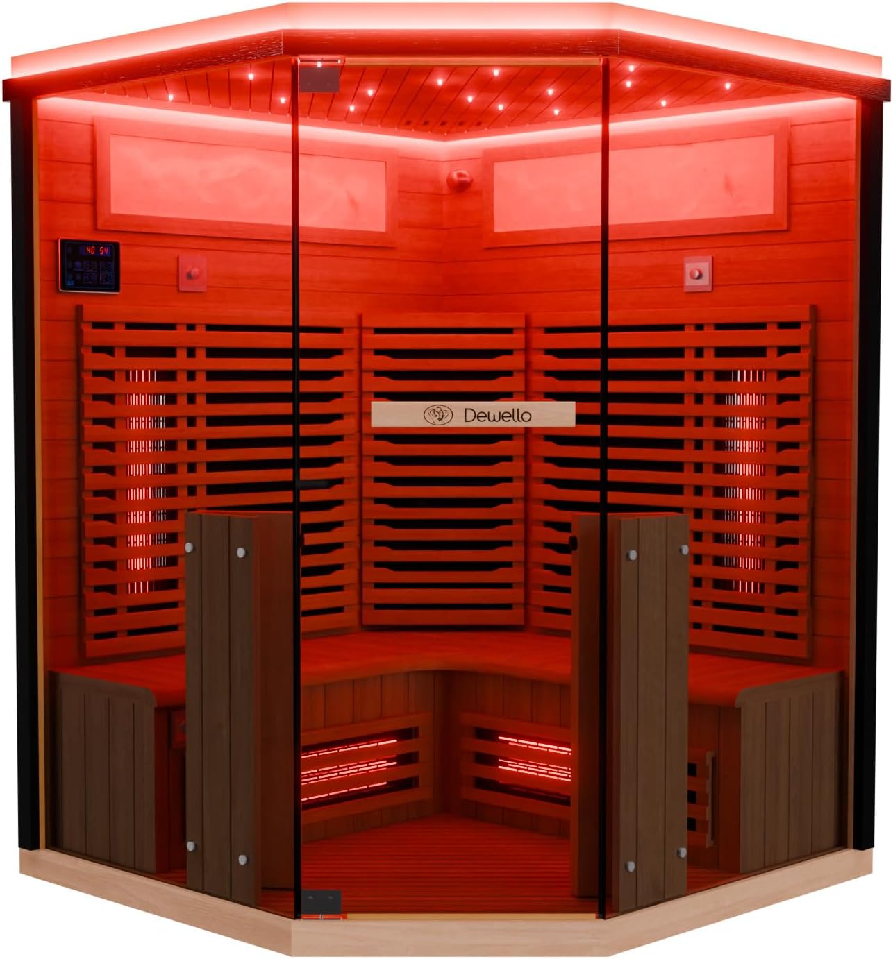 7152g0b5-rL._AC_SL1500 Dewello® Infrarotkabine Infrarotsauna KENORA 140x140 für 2-3 Personen aus Hemlockholz, Vollspektrumstrahler, Bodenstrahler, LED-Farblicht, Bluetooth, mit Salzsteinoptik