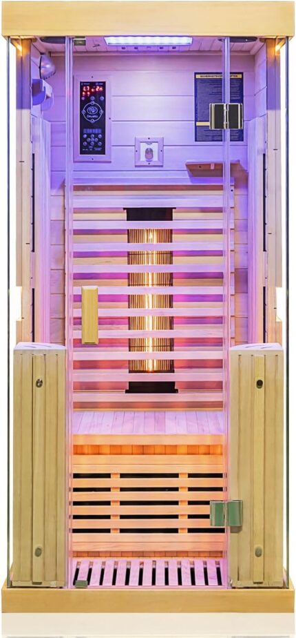 Dewello® Infrarotkabine Infrarotsauna Kingston 90cm x 90cm für 1 Person aus Hemlock Holz mit verstellbarem Vollspektrumstrahler