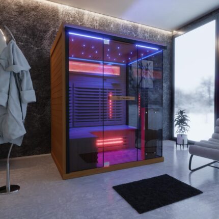 Dewello® Infrarotkabine Infrarotsauna KENORA 160x120 für 2-3 Personen aus Hemlockholz, Vollspektrumstrahler, Bodenstrahler, LED-Farblicht, Bluetooth, mit Salzsteinoptik