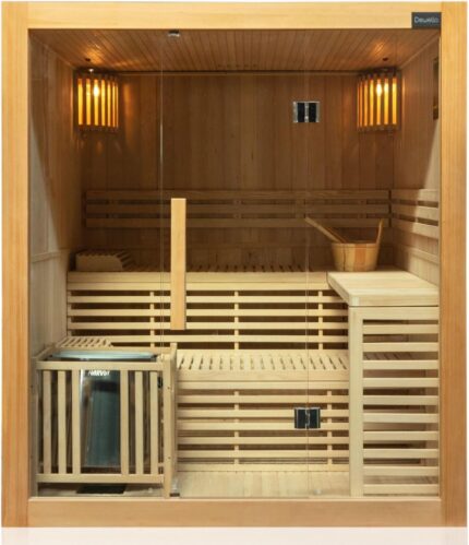Dewello® Finnische Sauna Sarnia 180x140 Kabine aus Hemlock Tannenholz mit 6KW HARVIA Ofen 2-4 Personen inkl. komplettem Zubehör