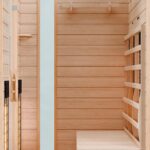 Dewello® Infrarotkabine Infrarotsauna Hyder 115x105 für 1-2 Personen aus Hemlock Holz mit Vollspektrumstrahler, LED-Farblicht, Bluetooth, FM,MP3,USB