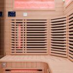 Dewello® Infrarotkabine Infrarotsauna KENORA 140x140 für 2-3 Personen aus Hemlockholz, Vollspektrumstrahler, Bodenstrahler, LED-Farblicht, Bluetooth, mit Salzsteinoptik