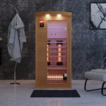 Dewello® Infrarotkabine Infrarotsauna Pierson 90x90 für 1 Person aus Hemlock Holz mit Vollspektrumstrahler, Bodenstrahler, LED-Farblicht, Bluetooth, FM,MP3,USB