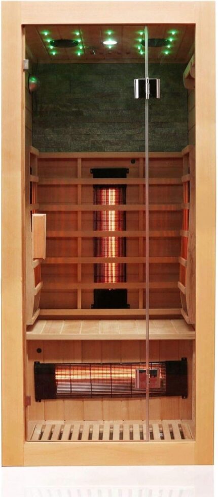 Dewello® Infrarotkabine Infrarotsauna MILTON 90x90 für 1 Personen aus Hemlock Holz mit Vollspektrumstrahler, LED-Farblicht Sternenhimmel und Steinwand, Bluetooth, FM,MP3,USB