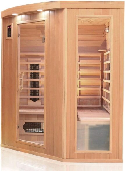 Dewello® Infrarotkabine Infrarotsauna Haley 160x160 für 2-4 Personen aus Hemlock Holz mit Keramikstrahler, Bodenstrahler, LED-Farblicht, Bluetooth, FM,MP3,USB