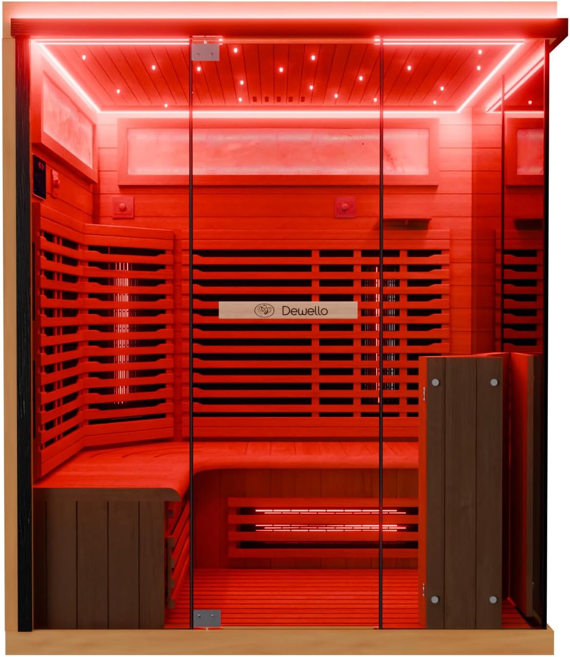 71BoGJfJWCL._AC_SL1500 Dewello® Infrarotkabine Infrarotsauna KENORA 160x120 für 2-3 Personen aus Hemlockholz, Vollspektrumstrahler, Bodenstrahler, LED-Farblicht, Bluetooth, mit Salzsteinoptik