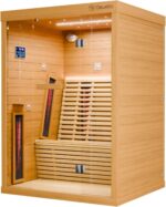 Dewello® Infrarotkabine Infrarotsauna Palermo 135x120 für 1-2 Personen aus Hemlockholz, Vollspektrumstrahler, Bodenstrahler, LED-Farblicht und Beleuchtung, Bluetooth