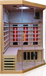 Dewello® Infrarotkabine Infrarotsauna Brandon 120cm x 120cm Dual-Therm für 1-2 Personen aus Hemlock Holz mit Vollspektrumstrahler, Bodenstrahler, LED-Farblicht, Bluetooth, FM,MP3,USB