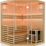 Artsauna Saunakabine Espoo 200 Premium mit Harvia Ofen — 5 Personen — Hemlock Holz, Glasfront und LED Licht — Inkl. Thermometer & Sanduhr —Komplett Set