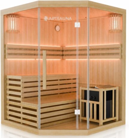 Artsauna Saunakabine Espoo 200 Premium mit Harvia Ofen — 5 Personen — Hemlock Holz, Glasfront und LED Licht — Inkl. Thermometer & Sanduhr —Komplett Set