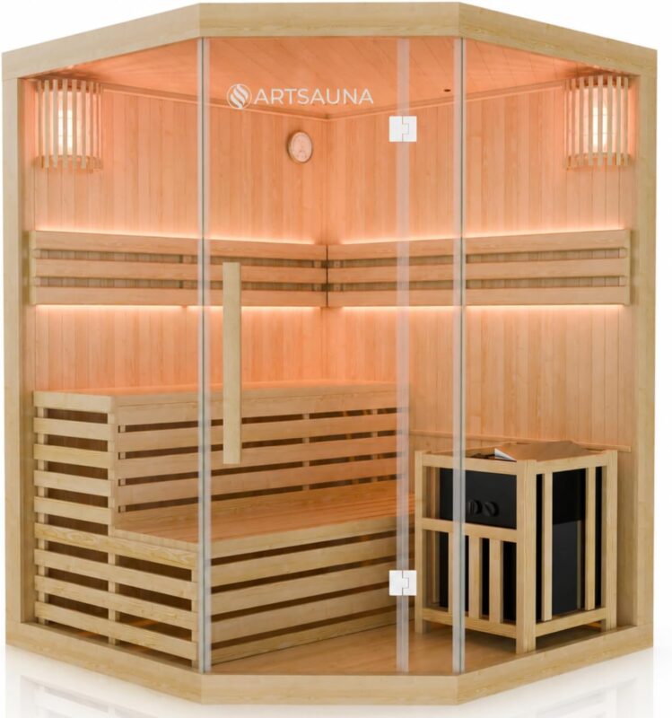 Artsauna Saunakabine Espoo 200 Premium mit Harvia Ofen — 5 Personen — Hemlock Holz, Glasfront und LED Licht — Inkl. Thermometer & Sanduhr —Komplett Set