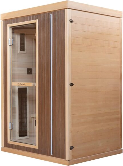 Dewello® Infrarotkabine Infrarotsauna Melville 130x105 für 1-2 Personen aus Hemlockholz und Walnussholz, Vollspektrumstrahler, Bodenstrahler, LED-Farblicht, Bluetooth