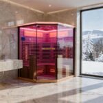 Dewello® Infrarotkabine Infrarotsauna KENORA 140x140 für 2-3 Personen aus Hemlockholz, Vollspektrumstrahler, Bodenstrahler, LED-Farblicht, Bluetooth, mit Salzsteinoptik